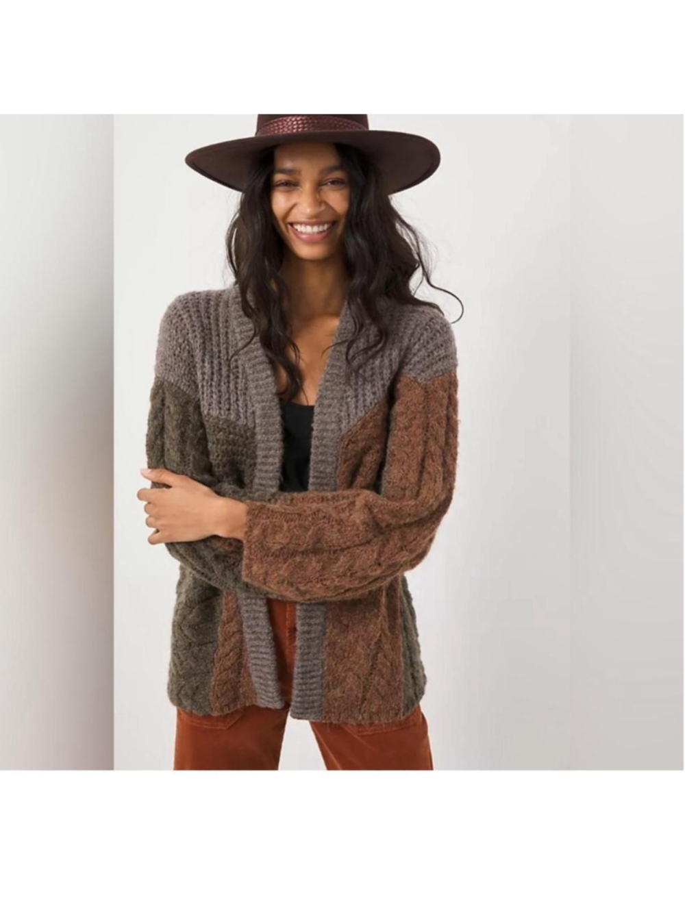 Anthropologie patchwork beige/brown, green, rust colored knit cardigan